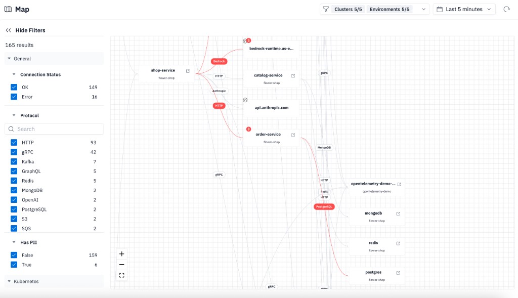 Map page showing eBPF-based service dependency map with connection and protocol filters