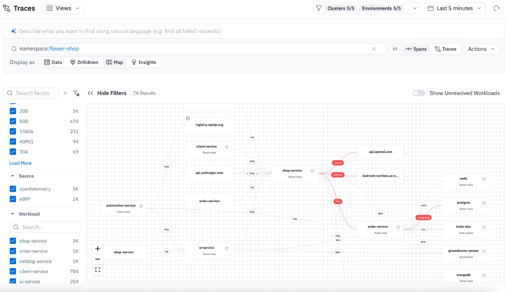 Traces page Map tab showing service dependency map with filters and vertex status