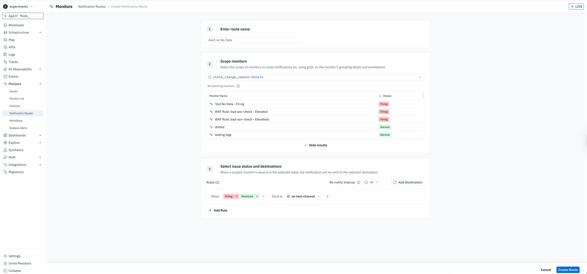 A notification route scoped with state_change_reason:NoData