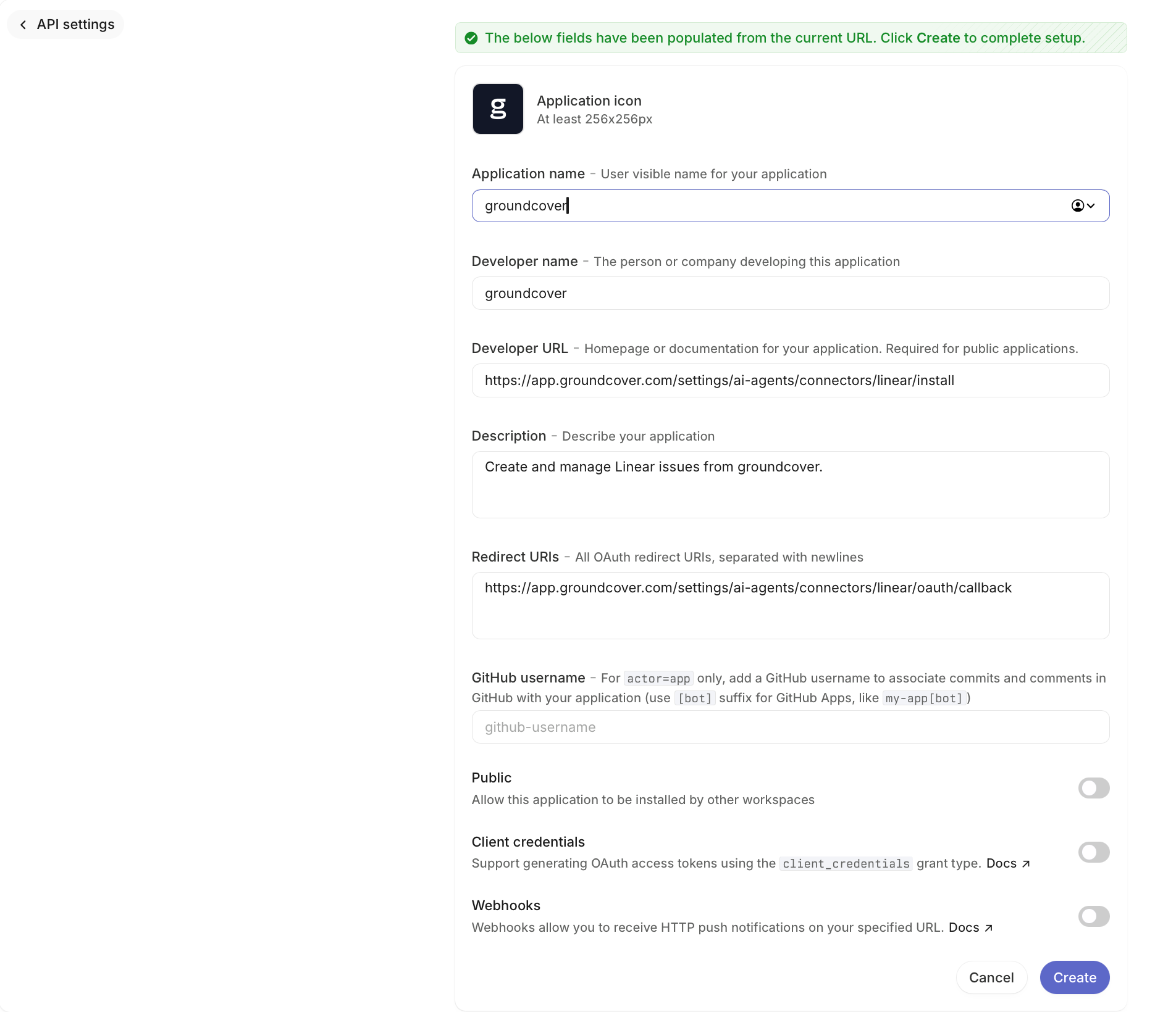 Pre-filled groundcover OAuth application in Linear
