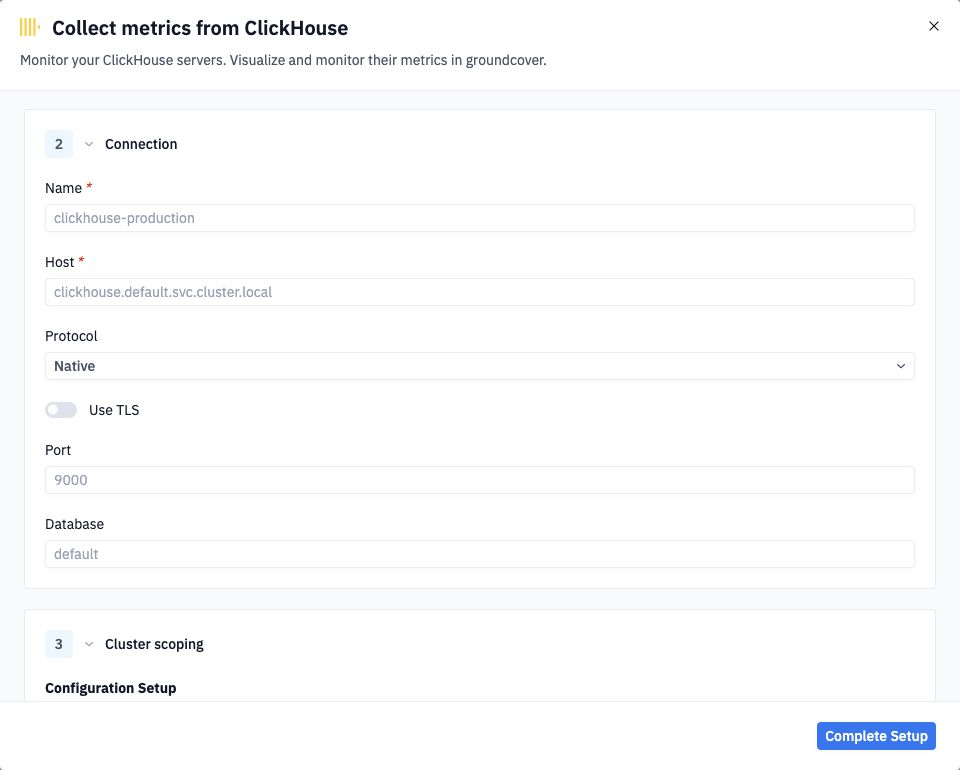 ClickHouse setup wizard showing connection settings