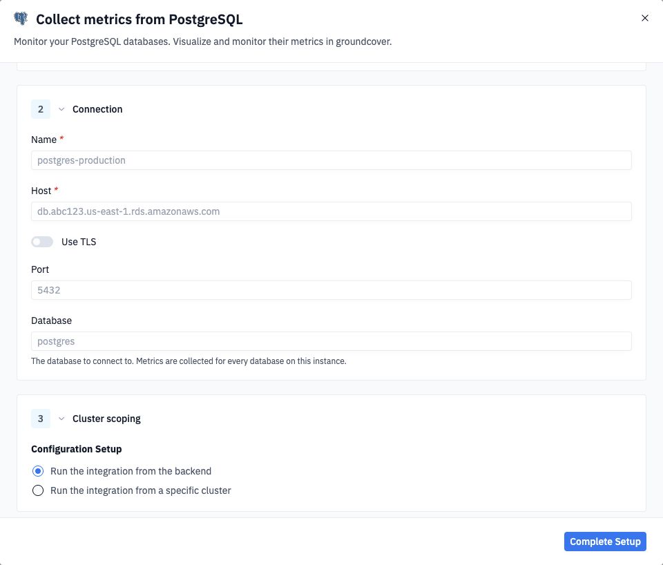 PostgreSQL setup wizard showing connection and cluster-scoping settings